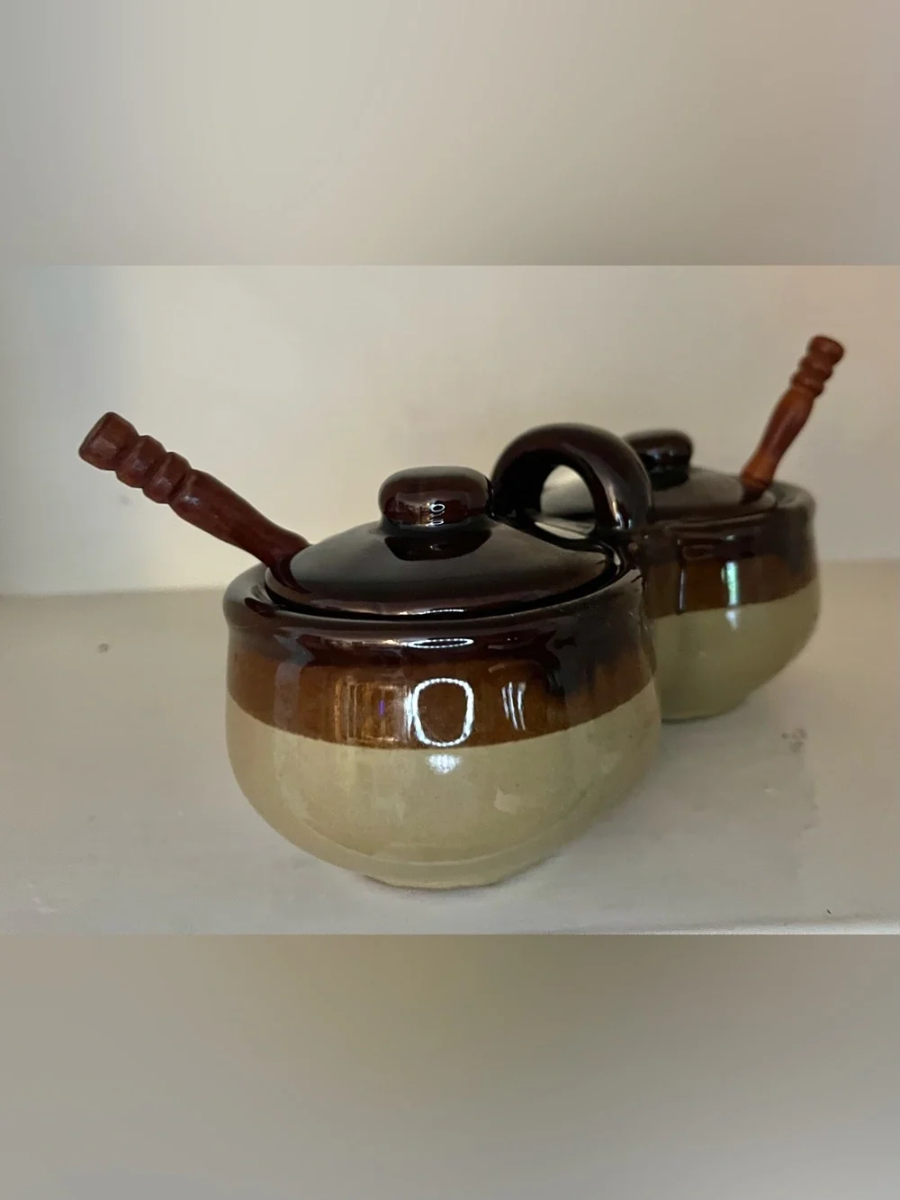 Stoneware Pottery Double Condiment Jam & Jelly Server Brown Vintage with spoons